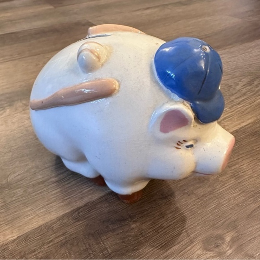 Vtg Baseball Pig Piggy Bank Large White Ceramic Money‎ Coin Bank White Blue